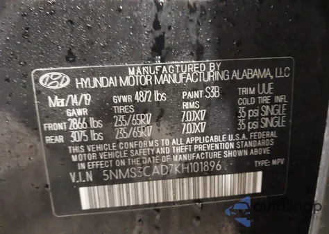 2019 Hyundai Santa Fe Sel from USA, damaged, VIN 5NMS3CAD7KH101896